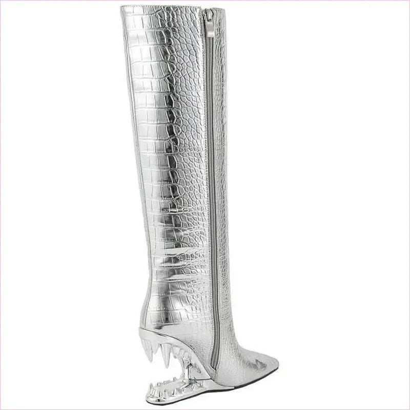 Edgy High Heel Boots with Shark Teeth Pointed Stone Pattern