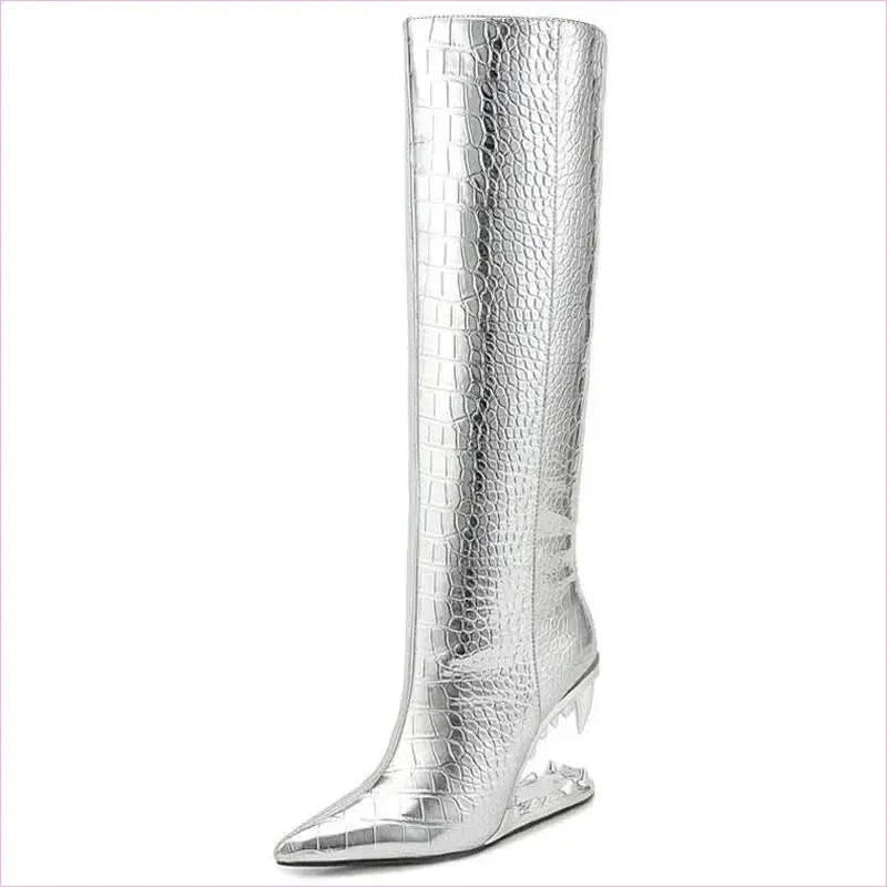 Edgy High Heel Boots with Shark Teeth Pointed Stone Pattern