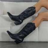 Embroidered Chunky Heel Satin Western Boots with Glimmers
