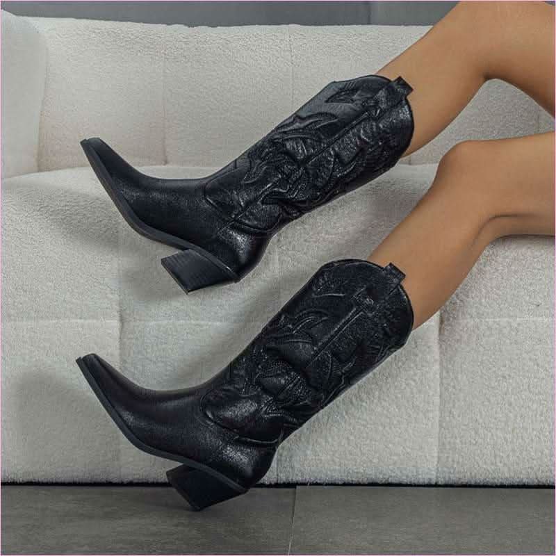 Embroidered Chunky Heel Satin Western Boots with Glimmers