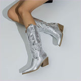 Embroidered Chunky Heel Satin Western Boots with Glimmers