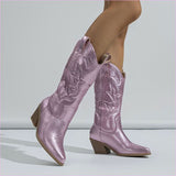 Embroidered Chunky Heel Satin Western Boots with Glimmers