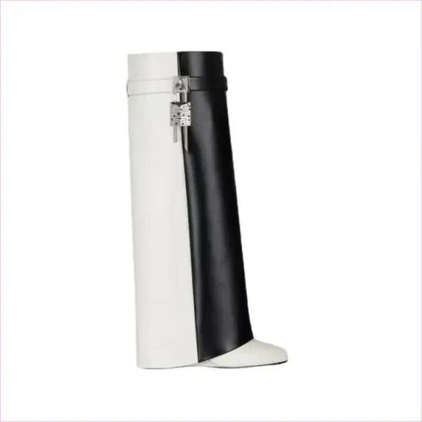 Fashion Shark Lock Knee High Boots in Black and White