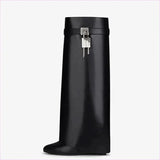 Fashion Shark Lock Knee High Boots in Black and White