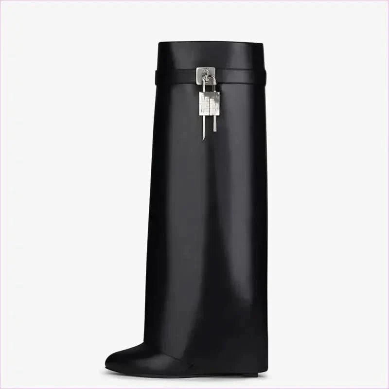 Fashion Shark Lock Knee High Boots in Black and White