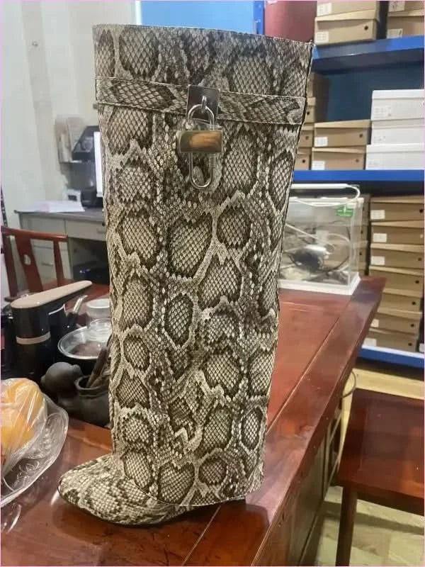 Fashion Shark Lock Knee High Boots in Black and White