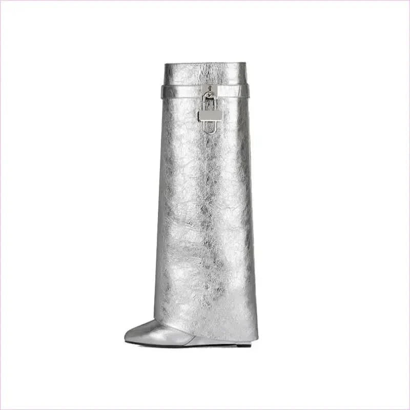 Fashion Shark Lock Knee High Boots in Black and White