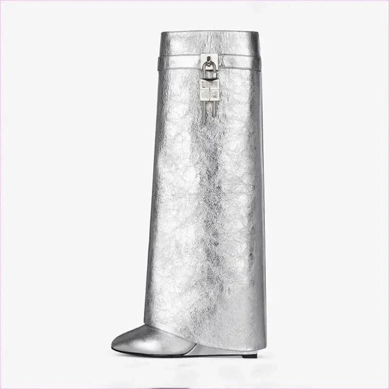 Fashion Shark Lock Knee High Boots in Black and White