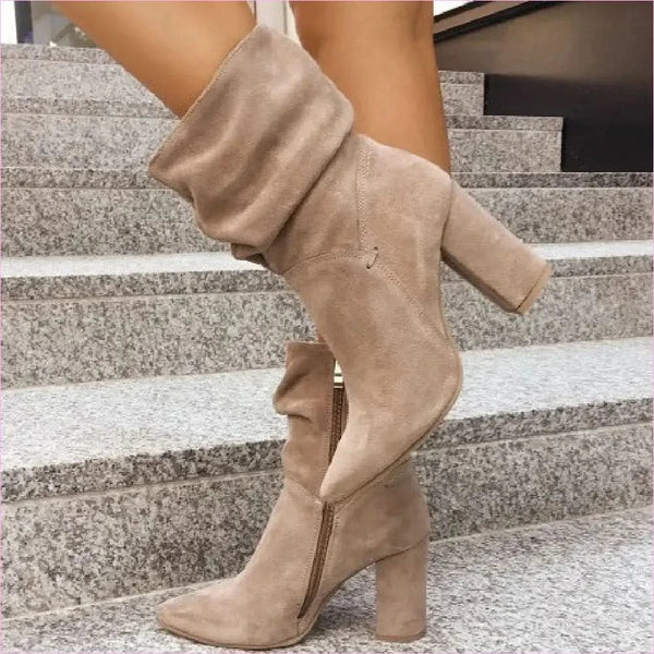 Faux Suede Low-cut Women's Boots with Chunky Block Heels