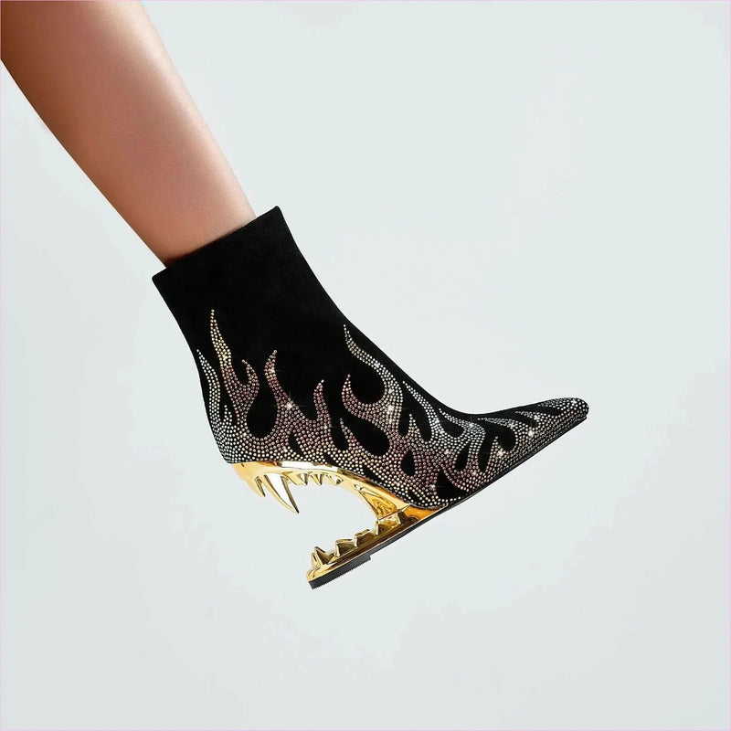 Flame Design High Heel Rhinestone Ankle Boots with Teeth Profiled Heel
