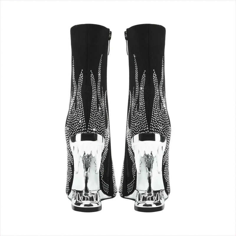 Flame Design High Heel Rhinestone Ankle Boots with Teeth Profiled Heel