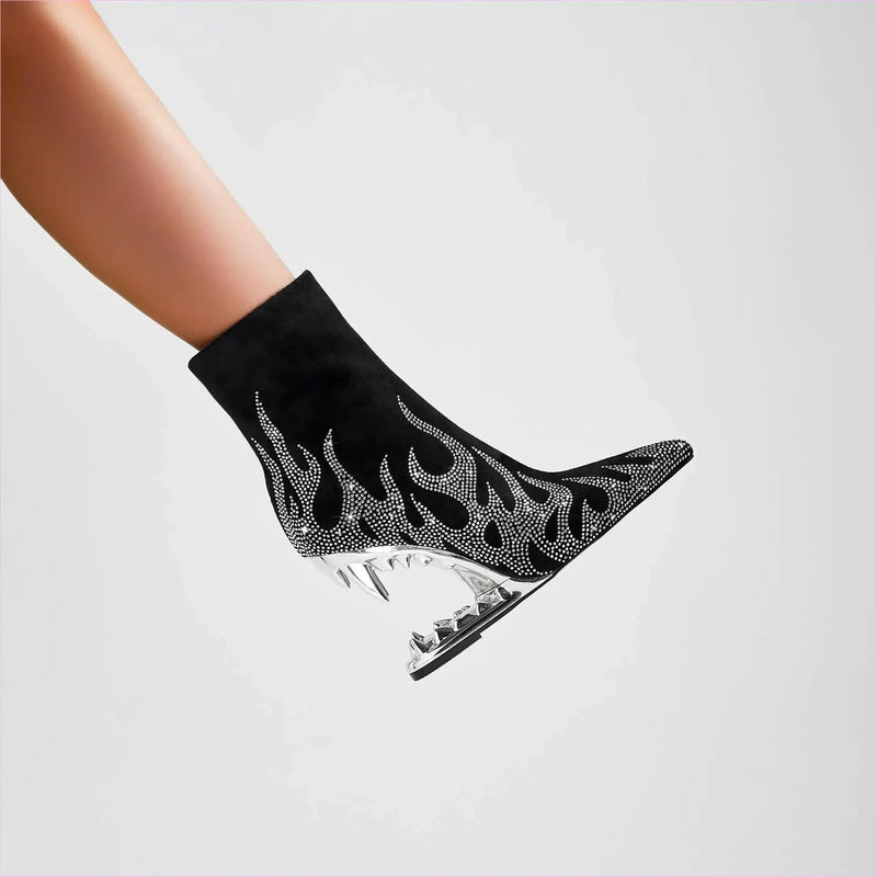 Flame Design High Heel Rhinestone Ankle Boots with Teeth Profiled Heel