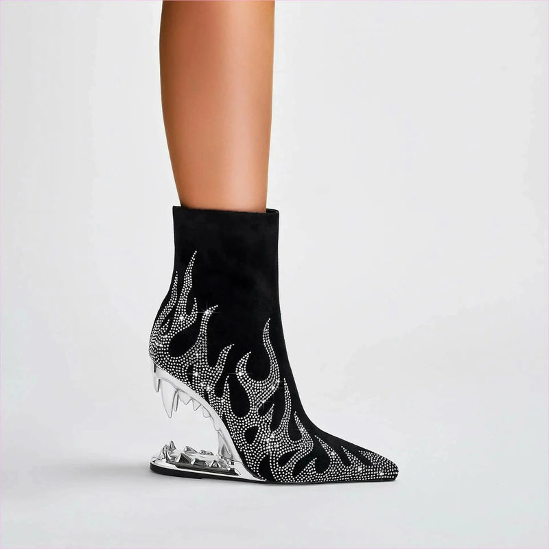 Flame Design High Heel Rhinestone Ankle Boots with Teeth Profiled Heel