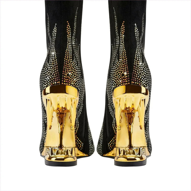 Flame Design High Heel Rhinestone Ankle Boots with Teeth Profiled Heel