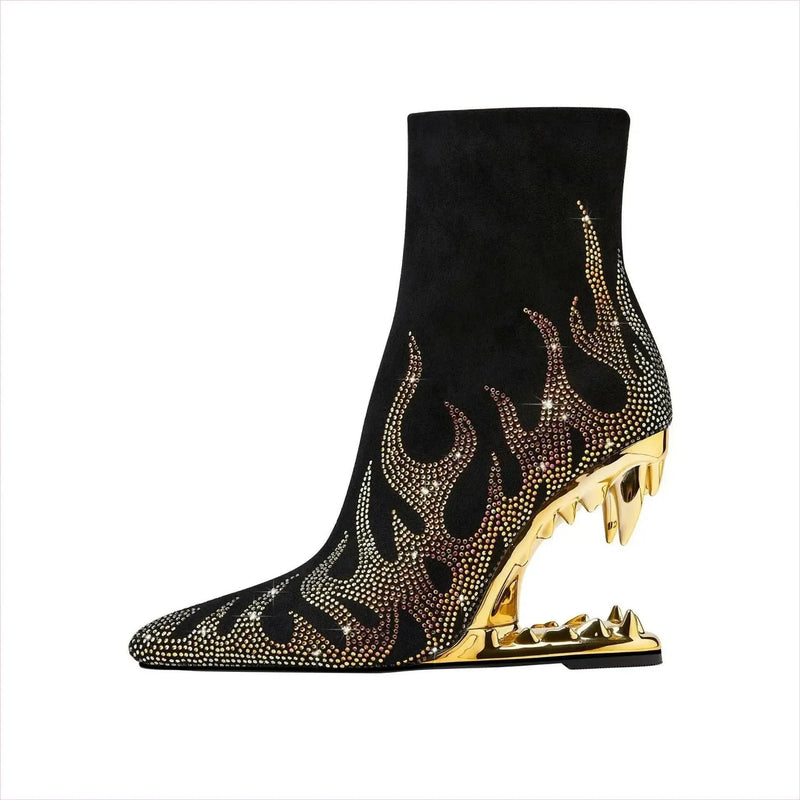 Flame Design High Heel Rhinestone Ankle Boots with Teeth Profiled Heel