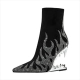 Flame Design High Heel Rhinestone Ankle Boots with Teeth Profiled Heel