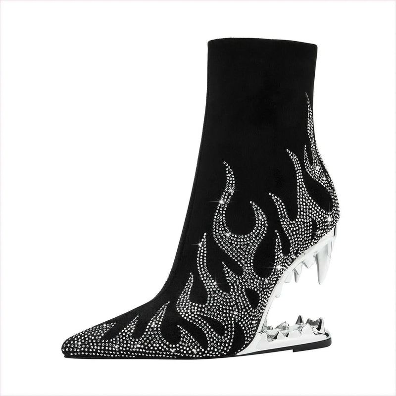 Flame Design High Heel Rhinestone Ankle Boots with Teeth Profiled Heel