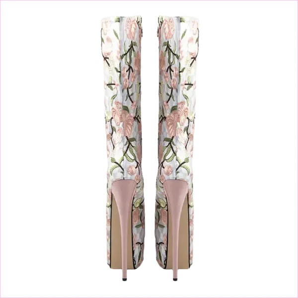 Floral Peep Toe Embroidered Mid Leg Platform Boots
