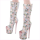 Floral Peep Toe Embroidered Mid Leg Platform Boots