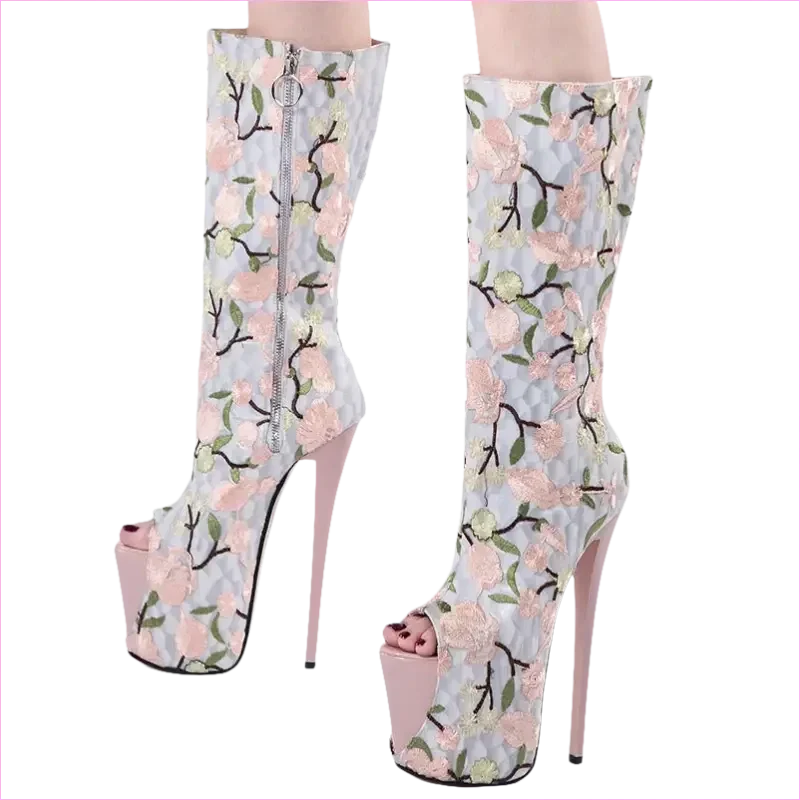 Floral Peep Toe Embroidered Mid Leg Platform Boots