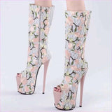 Floral Peep Toe Embroidered Mid Leg Platform Boots