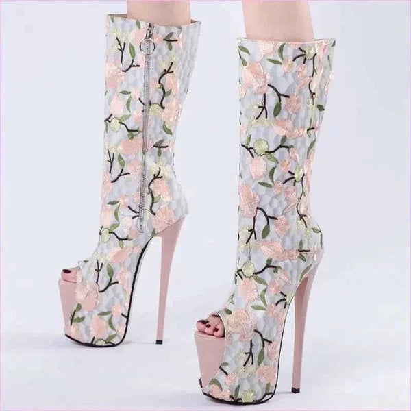 Floral Peep Toe Embroidered Mid Leg Platform Boots