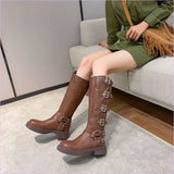 Genuine Leather Chunky Heel Belt Buckle Knight Boots for Adventurers