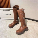 Genuine Leather Chunky Heel Belt Buckle Knight Boots for Adventurers