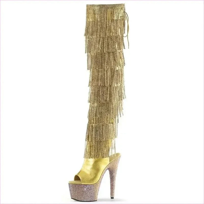 Glamorous Peep Toe Platform Heel Boots with Rhinestone Fringing