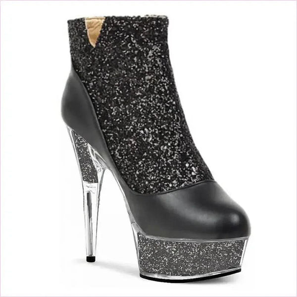 Glittered Round Toe High-heeled Platform Boots with Crystal Stiletto Heel