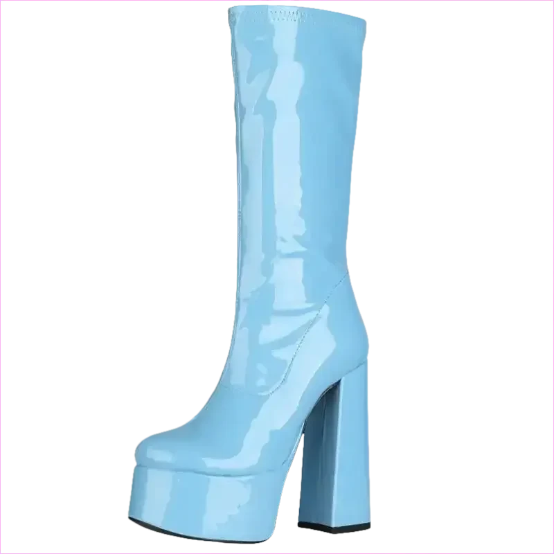 Glossy Black Patent Leather Chunky Heel Knee-high Boots
