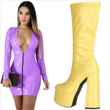 Glossy Black Patent Leather Chunky Heel Knee-high Boots