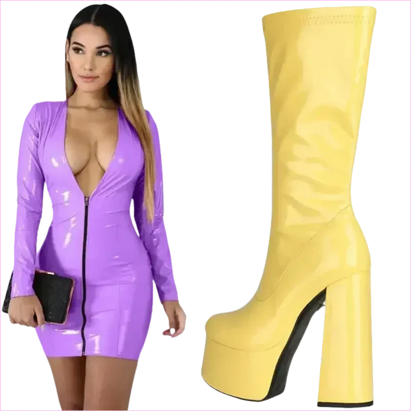 Glossy Black Patent Leather Chunky Heel Knee-high Boots