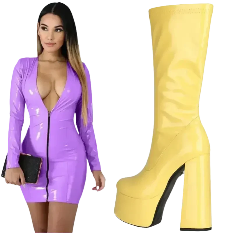 Glossy Black Patent Leather Chunky Heel Knee-high Boots