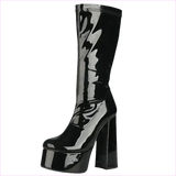 Glossy Black Patent Leather Chunky Heel Knee-high Boots