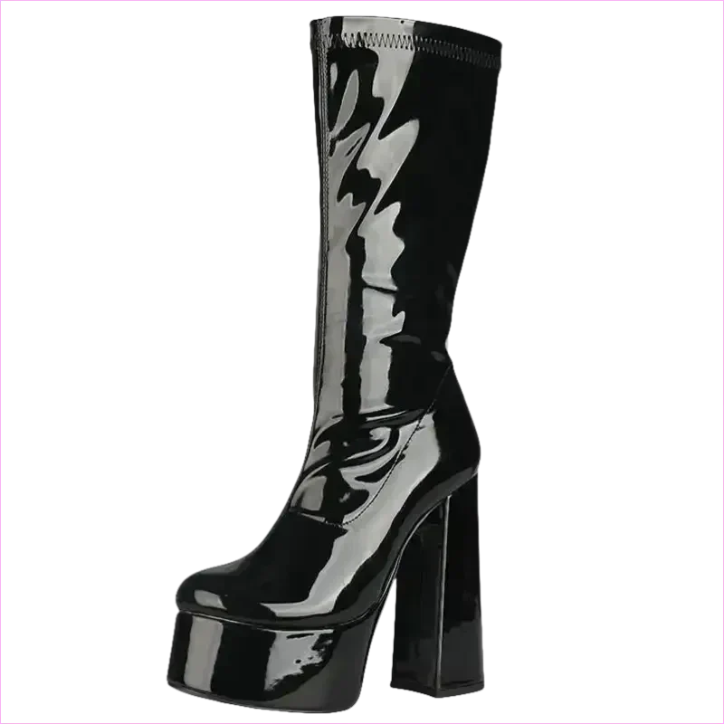 Glossy Black Patent Leather Chunky Heel Knee-high Boots