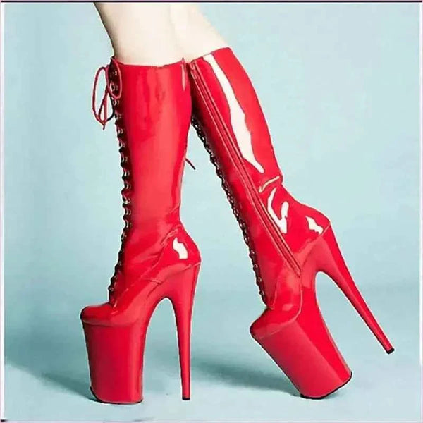 Glossy Red Platform Heel Ladies Boots with Lace-up Front