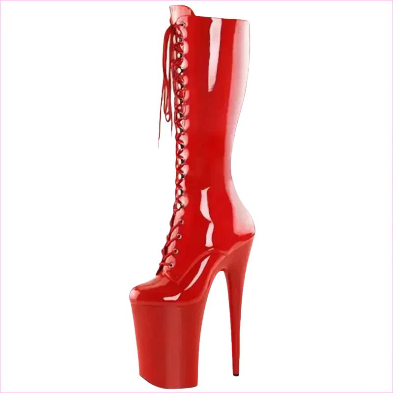 Glossy Red Platform Heel Ladies Boots with Lace-up Front