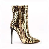Gold Metallic Stiletto Square Patterned Ankle Boots for Bold Style