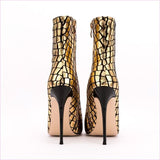 Gold Metallic Stiletto Square Patterned Ankle Boots for Bold Style