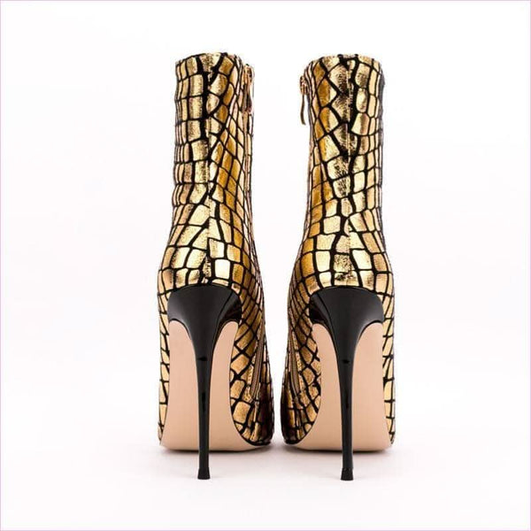 Gold Metallic Stiletto Square Patterned Ankle Boots for Bold Style