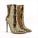 Gold Metallic Stiletto Square Patterned Ankle Boots for Bold Style