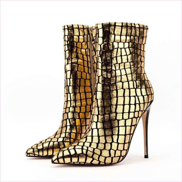 Gold Metallic Stiletto Square Patterned Ankle Boots for Bold Style