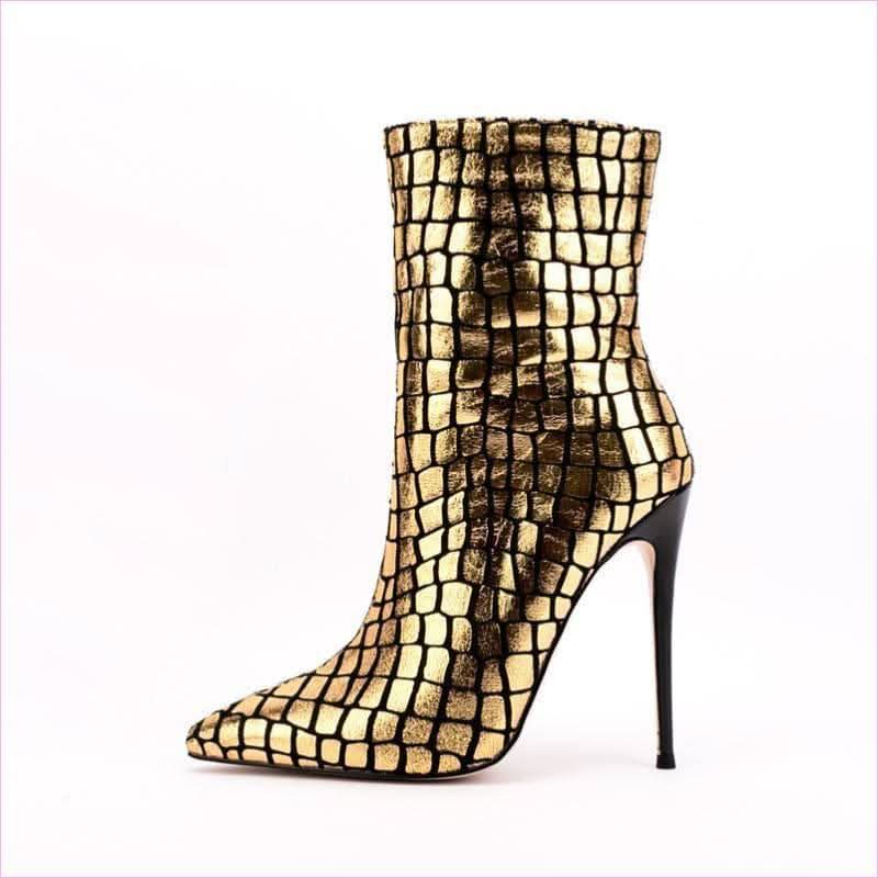 Gold Metallic Stiletto Square Patterned Ankle Boots for Bold Style