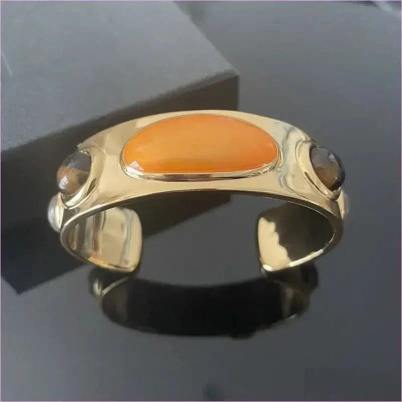Gold-toned Cuff Bracelet with Retro Natural Stone Accents