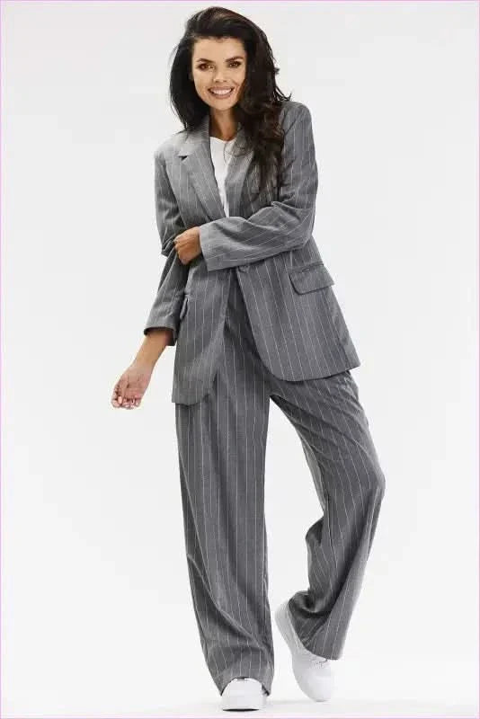 Gray and White Stripe Elegant Wide-leg Pants