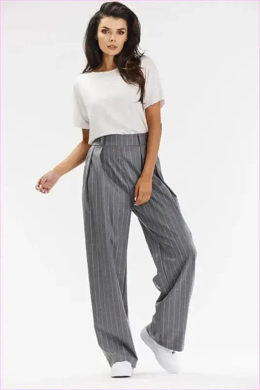 Gray and White Stripe Elegant Wide-leg Pants