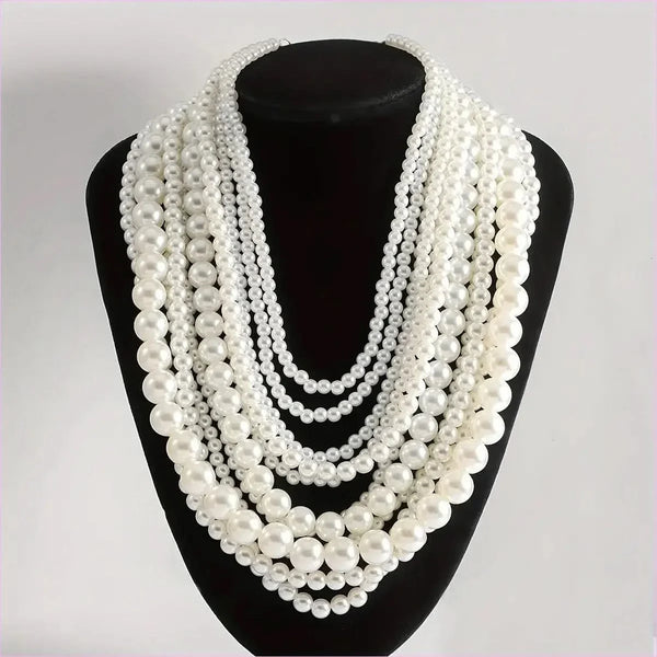 Handmade Ladies Elegant Multilayer Faux Pearl Crystal Necklace