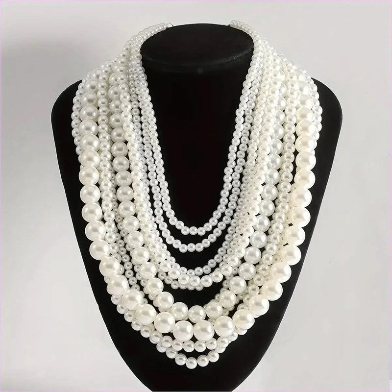 Handmade Ladies Elegant Multilayer Faux Pearl Crystal Necklace