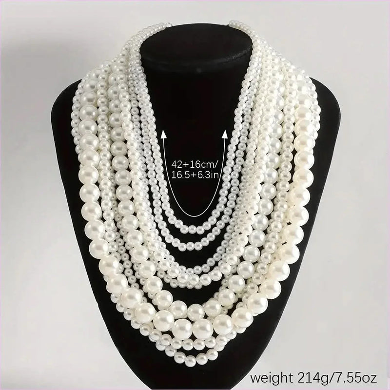 Handmade Ladies Elegant Multilayer Faux Pearl Crystal Necklace